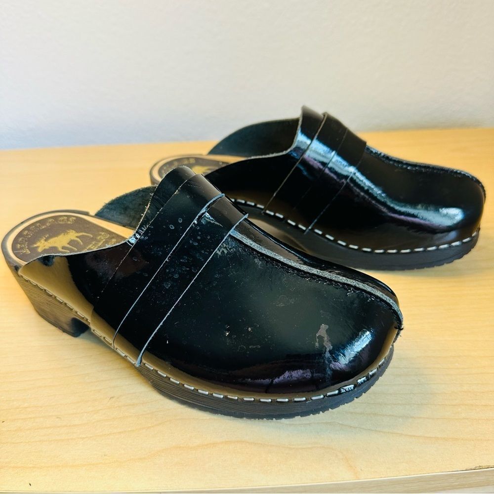Bergslags Toffeln Black Patent Leather Swedish Clogs Women’s Size‎ 38 7.5